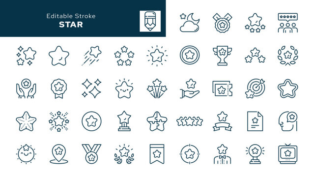 Star outline icons set. Rating, bright, night, sparkle, shine, favorite, award, starfish, event, shotting star and more. Line icon in linear style. Vector collection	