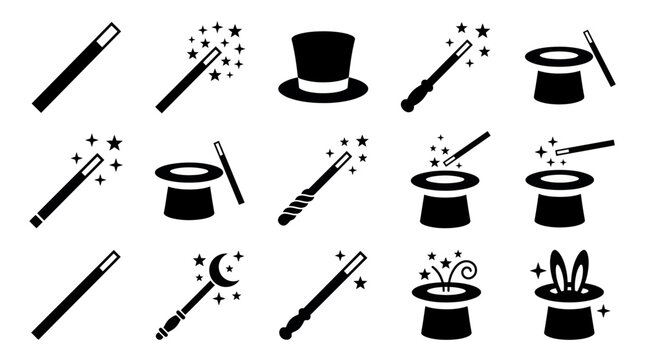 Black magic icons set with wands, sparkling stars, top hats and rabbit ears, Symbolizing entertainment and illusion, useful for event promotion or graphic design projects