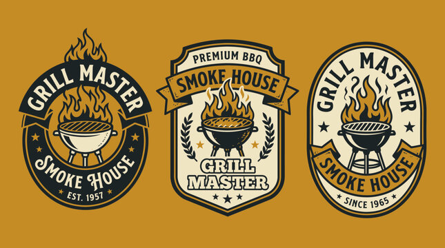 Three vintage BBQ grill logos featuring flames, text and decorative elements on a yellow background, representing grill master branding and smokehouse restaurant identity design