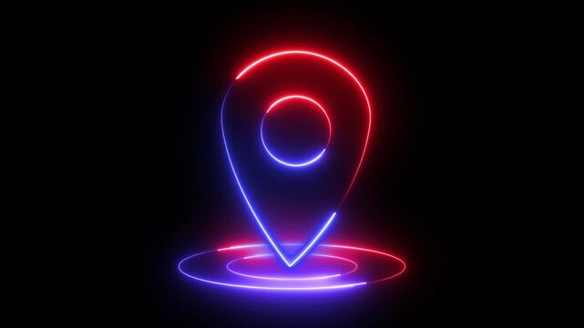 Glowing neon red and blue color location map sign icon animation position tracking direction address tags journey place navigation icon sign symbol on black background