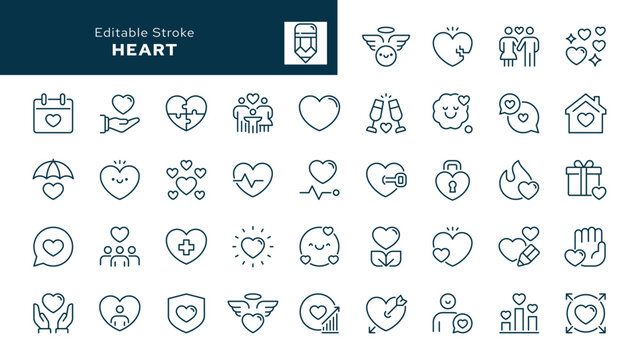 Heart outline icons set. Love, heartfelt, beloved, like, Cupid, friendly, angel, volunteering, charity and more. Line icon in linear style. Vector collection	