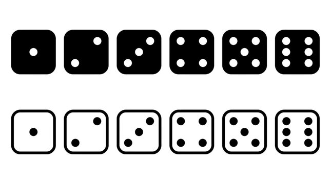 Collection of black and white dice face icons illustrating numbers one through six in both solid and outline styles, symbolizing game design elements and probability concepts