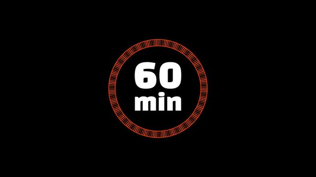 Sixty minute timer with orange segmented circle. Time management symbol for countdown and hour. Digital timer animation for clock interface.