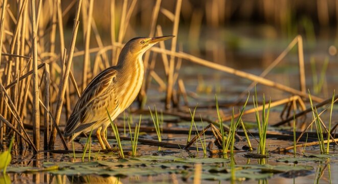 A small bittern standing among reeds in a wetland marsh habitat