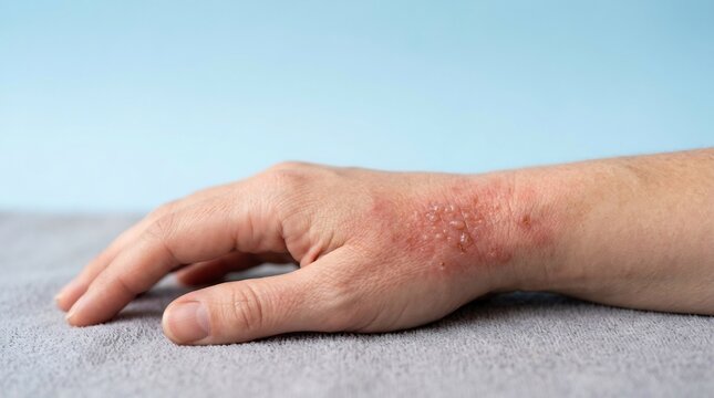 Close-up of a human hand showing red skin inflammation and small blisters on the wrist area