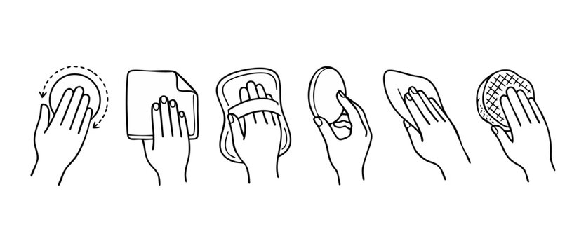 Cleaning Hands Icon Set, Hand Wiping and Scrubbing Surface with Tools, Minimalist Line Art Vector Graphics for Housework, Household Chores Instruction, Hygiene Maintenance, Domestic Cleaning Guide Bla