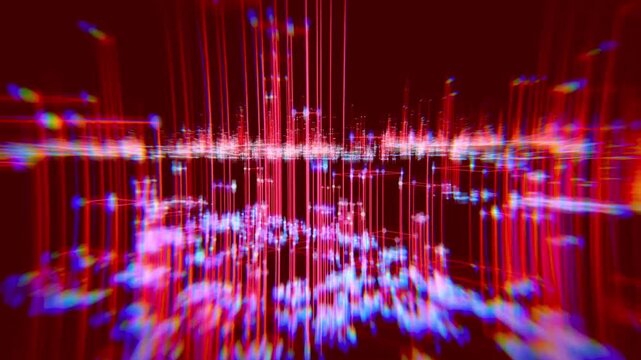 Creative technology background featuring illuminated vertical data bars and interconnected nodes in a dark virtual reality space.
