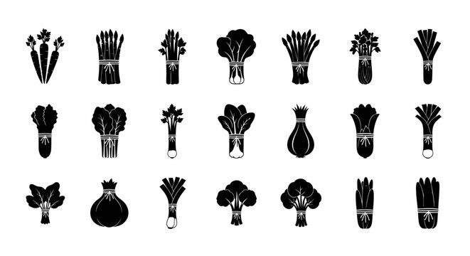 Collection of various vegetable and herb bunches in black silhouette on white background for cooking and recipe design