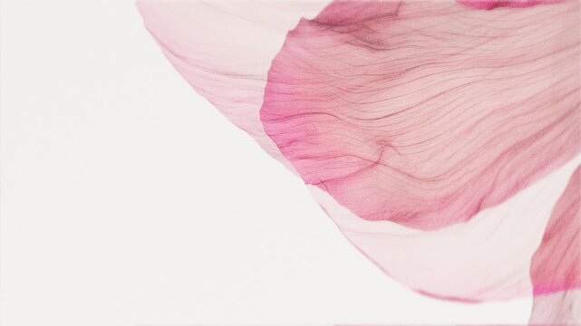 Pink translucent flower petals close up swaying gently in wind on white background, delicate macro floral motion with film grain blur effect, aesthetic dreamy botanical footage for romantic design
