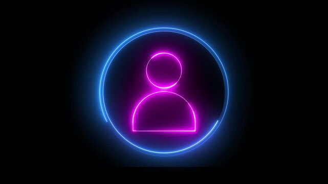 Glowing neon pink and blue color user contact icon animation profile people man male identity account icon sign symbol on black background