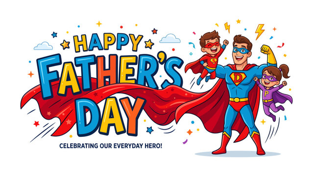 Celebrating Fatherhood: A vibrant illustration depicts a superhero father with his children. A joyous celebration of fathers everywhere. 
