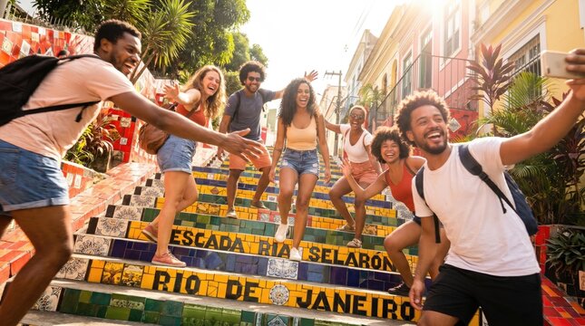 Group of Friends Enjoying a Fun Moment at the Colorful Escadaria Selar&oacute;n in Rio de Janeiro Near the Vibrant Nightlife District of Lapa.