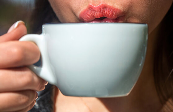 Coffee. Female enjoying aroma coffee in cafe. Girl drinking coffee. Woman holding cup hot coffees in hands