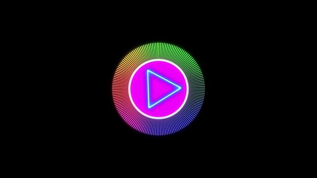 Neon play button with rainbow spectrum ring. Digital media symbol for video playback. Digital play button animation for social web.