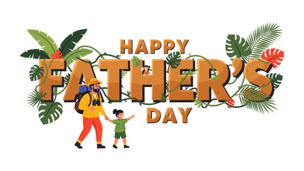 Fototapeta premium Father's Day Adventure: A heartwarming illustration of a father and child on an outdoor adventure, surrounded by lush foliage. Perfect for expressing love, appreciation, and celebration of fatherhood.