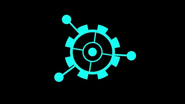 Cyan gear icon with connected nodes on black. Technology gear symbol for digital network. Digital gear animation for system engineering.