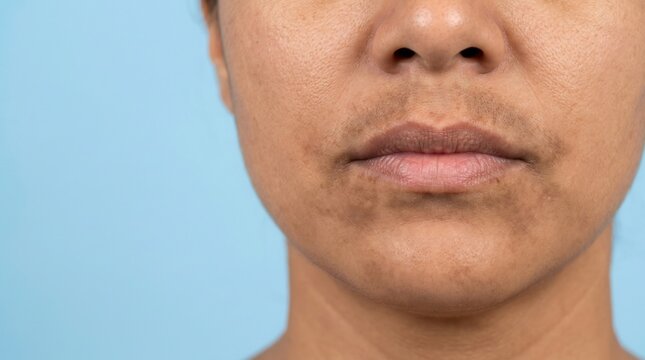 Close-up of adult lower face showing skin hyperpigmentation and dark spots around the mouth and chin area against a blue background