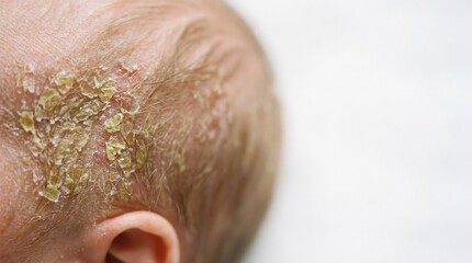Naklejka premium Close-up of an infant's scalp showing yellow flaky skin patches and dry crusty scales on the head