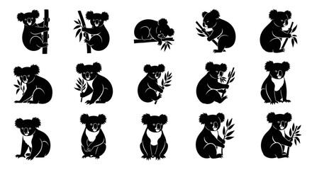 Collection of black koala silhouettes in various poses with eucalyptus leaves on white background © Pabitra
