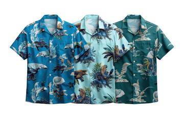 Obraz premium Hawaiian shirts featuring tropical sea creature patterns, ready for summer fashion and holiday wear with a transparent background