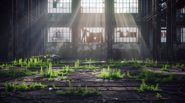 View of a desolate factory corner with debris and small trees growing from cracks. Concept of urban exploration, economic stagnation and environmental change.