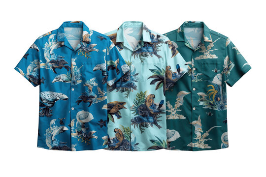 Hawaiian shirts featuring tropical sea creature patterns, ready for summer fashion and holiday wear with a transparent background