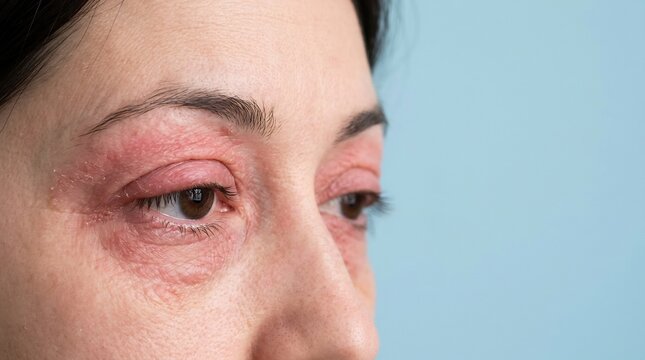 Close-up view of a human eye with red swollen eyelids and skin inflammation caused by allergic reaction or dermatitis on a neutral background