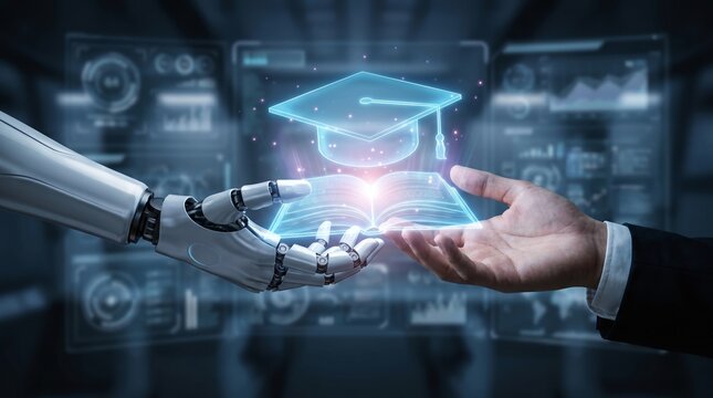 EdTech and machine learning partnership featuring a robotic arm and human passing a book in a high-tech digital background.