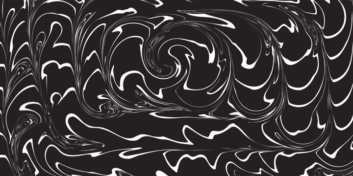 Black and white striped liquid paint effect vector seamless pattern. Wavy psychedelic background of moving liquid. Modern zebra backdrop. Groovy 1970s style.