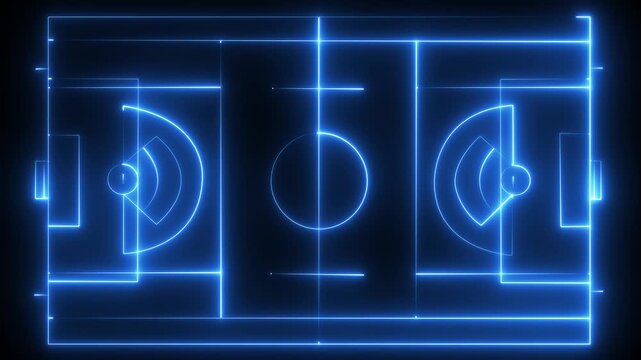 Glowing neon Multi-Use Playfield aerial ,neon light Aerial view of a multi-use playfield with soccer and lacrosse. batting cages, skateboard park and softball fields with lights. black background .