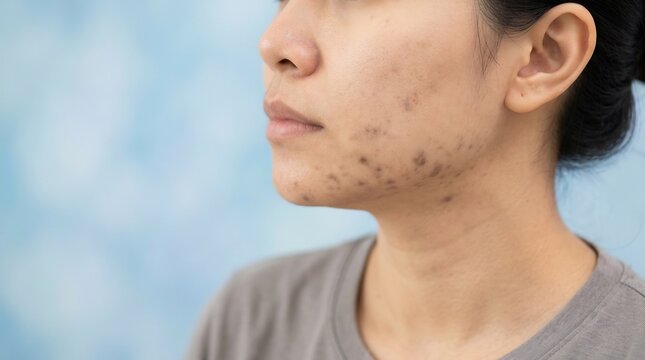 Close-up of jawline with dark acne marks and skin hyperpigmentation on face