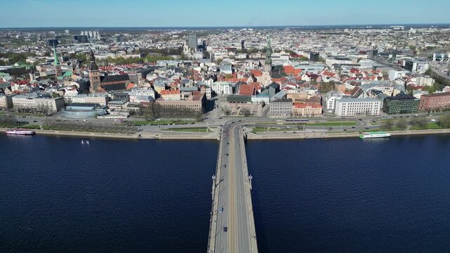 Aerial view of Riga, Latvia over river Daugava
