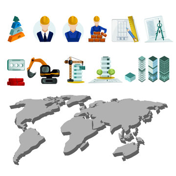 Modern construction infographic icon set for website banners and social media. Industrial building tool, engineering equipment symbol, architecture progress graphic, and safety helmet vector design.