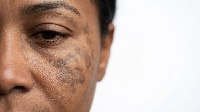 Close-up of dark skin with hyperpigmentation and melasma patches on a person's cheek and under the eye