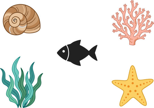 Minimal Underwater Marine Element Collection Featuring Fish Starfish Coral Seaweed and Spiral Shell in Cute Cartoon Vector Illustration Style