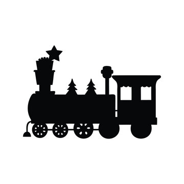 Christmas-themed train with trees and star, silhouette vector illustration, christmas train decoration silhouette vector illustration