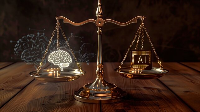 A glowing neural brain and an AI chip are perfectly balanced on golden scales. Concept of artificial intelligence regulation, ethics, and the harmony between human and machine.
