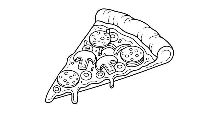 Black and white line art pizza slice with pepperoni and mushrooms. Delicious fast food cartoon illustration.