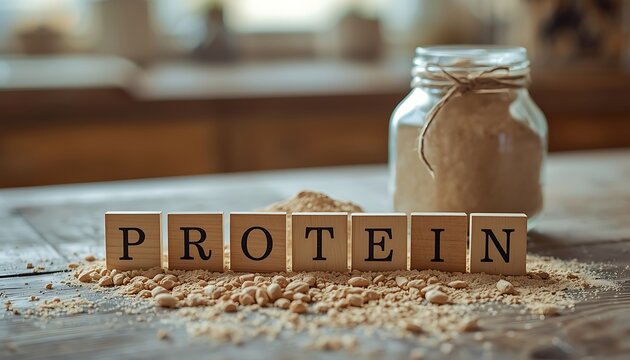 A jar of protein powder sits on a wooden surface next to scattered scoops spelling out the word protein