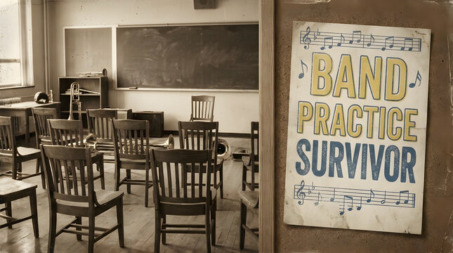 Nostalgic sepia-toned classroom with empty chairs and a playful 'Band Practice Survivor' poster, symbolizing musical dedication and perseverance in school