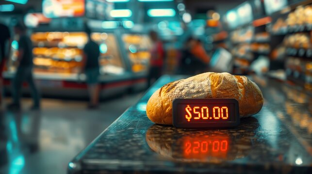 A solitary loaf of bread with an aggressive digital price display in a modern store. Concept of scarcity, supply chain disruption, and the rising cost of basic commodities.