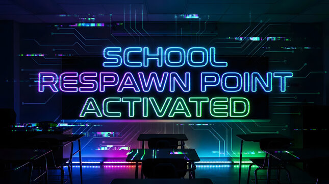 School Respawn Point Activated, a futuristic digital art piece depicting a classroom with glowing neon text