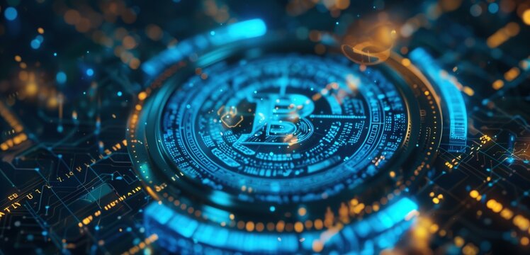 A luminous cryptocurrency logo centered within complex circular data trails and sparks. Concept of decentralized finance, blockchain security, and the future of digital currency.
