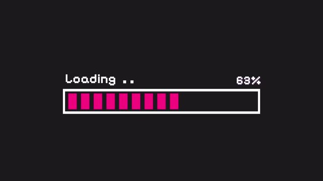 Pixel art retro loading bar animation, 0 to 100 percent. Transparent Alpha Channel 4K.