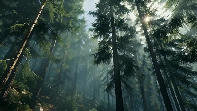 Misty forest with tall trees and foliage.