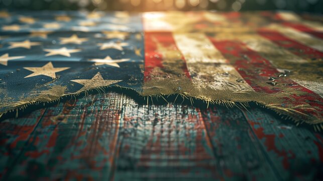 A macro shot of a frayed US flag physically split in half. Concept of political crisis, social tension, and the struggle for unity in a divided nation.