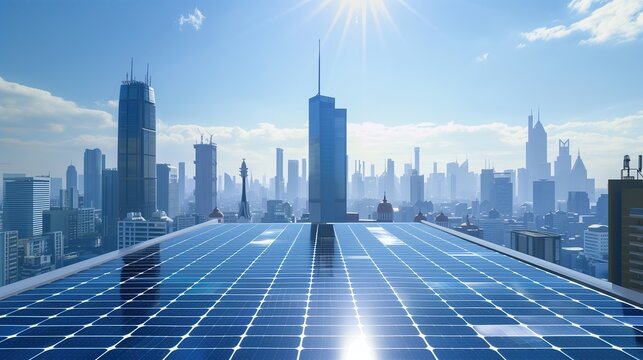 High-angle view of a metropolitan area implementing green energy policies with widespread solar installation. Concept of climate leadership, public investment, and carbon neutral goals.