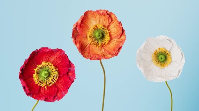 Three Iceland poppy flowers red orange white blooming one by one on light blue sky background, colorful trio of poppies opening with yellow stamens, vibrant minimalist floral motion footage for design