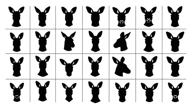 Collection of black deer head silhouettes in various poses on white background
