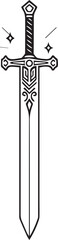 An intricate, ornate, black and white illustration of a historically inspired sword, with detailed engraving and design.  © DesignINKZ